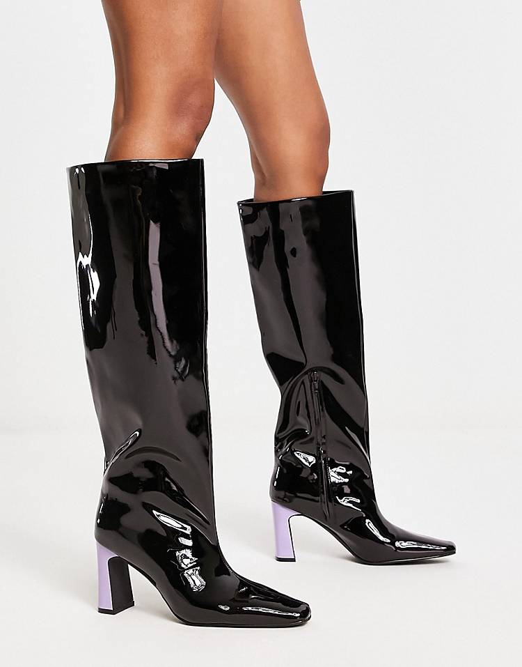 NA-KD straight fit boots with contrast heel in patent black